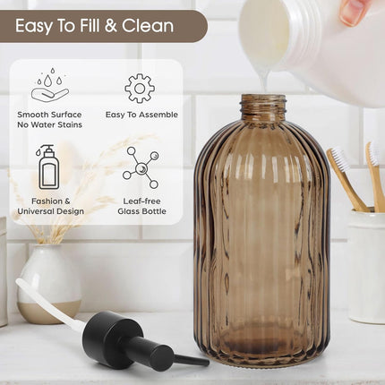2-Pack Amber Glass Soap Dispenser Set 400ml Black Pump for Kitchen Bathroom Lotion