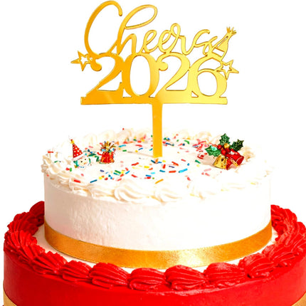 Happy New Year 2026 Cake Topper Mirror Gold Acrylic Party Decoration