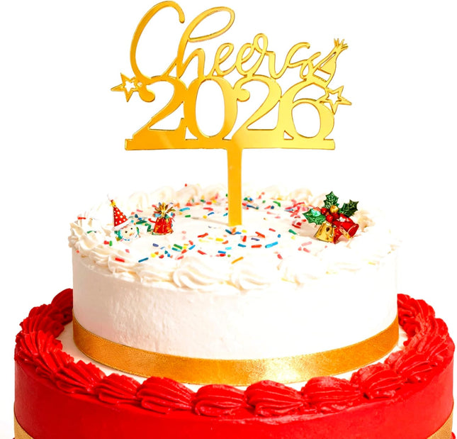 Happy New Year 2026 Cake Topper Mirror Gold Acrylic Party Decoration