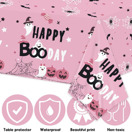 Pink Halloween Birthday Tablecloth, Happy BooDay Pumpkin Ghost Party Table Cover