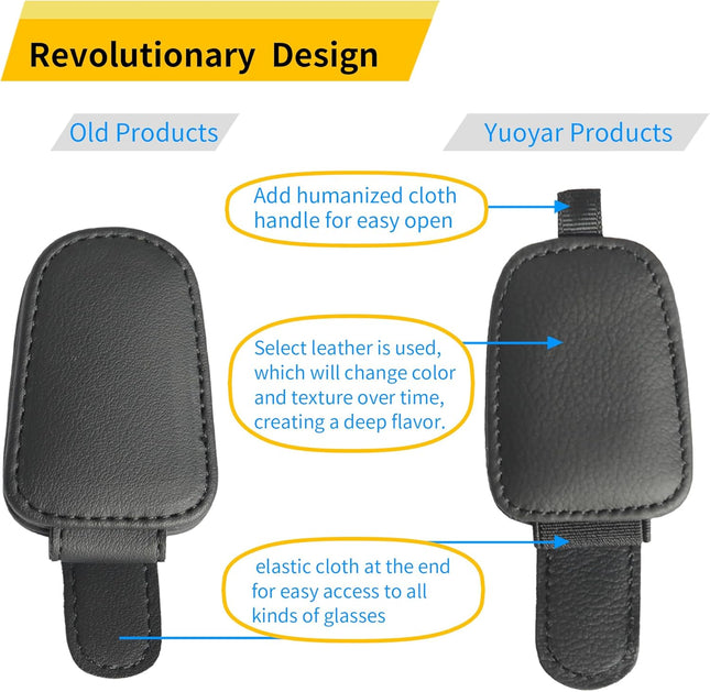 Magnetic Leather Sunglasses Holder for Car, 2 Pack Black, Car Visor Accessory