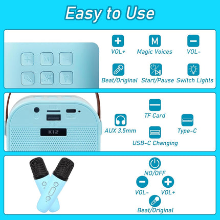 Mini Karaoke Machine for Kids & Adults, Portable Bluetooth, 2 Wireless Mics