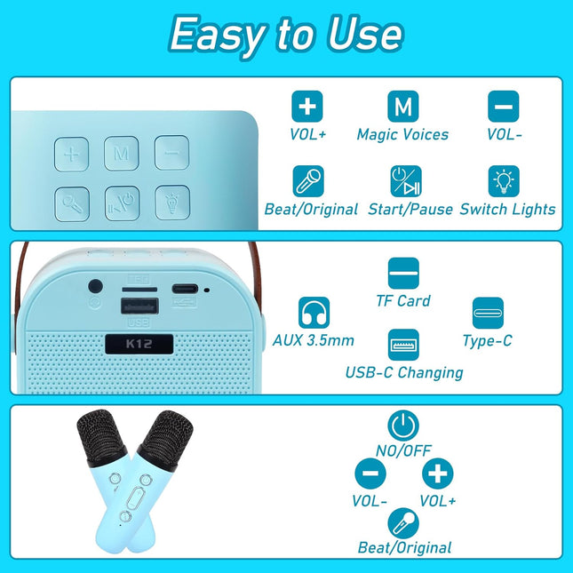 Mini Karaoke Machine for Kids & Adults, Portable Bluetooth, 2 Wireless Mics