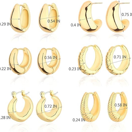 6-Pair Gold Hoop Earrings – 14K Plated, Chunky, Hypoallergenic for Women