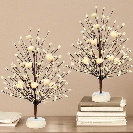 Thanksgiving Fall Trees 2-Pack – 15" White Table Décor with Pumpkins and Berries