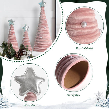 Christmas Indoor Decorations – 3-Piece Pink Velvet Cone Trees with Pearls for Table Decor