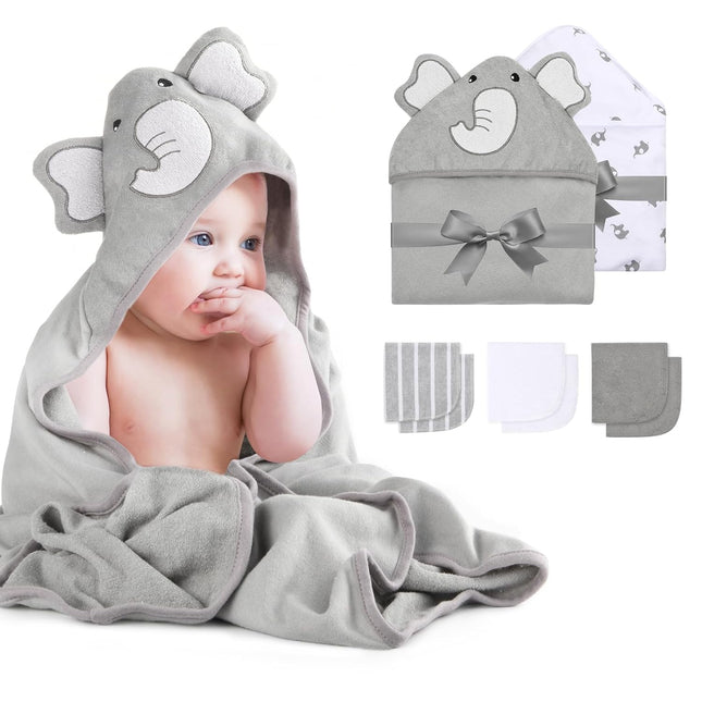 Cute Elephant Hooded Baby Towel Set – 2 Towels & 6 Washcloths, Soft & Cozy