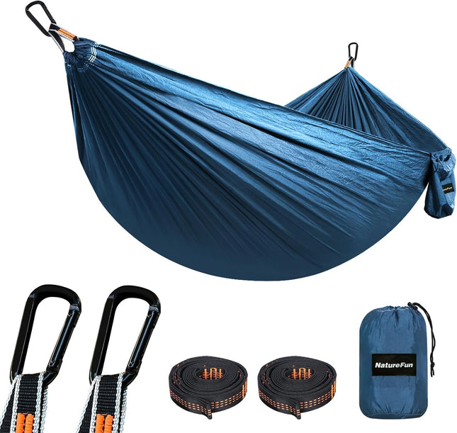 Ultralight Camping Hammock, 300kg Capacity, Parachute Nylon, Carabiners & Tree Straps