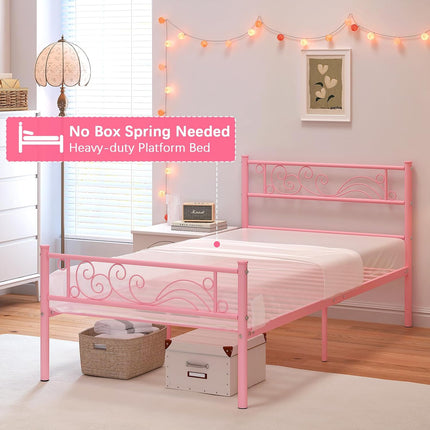Pink Twin Metal Bed Frame Headboard, Heavy-Duty Steel Slats and 11.2-Inch Underbed Storage