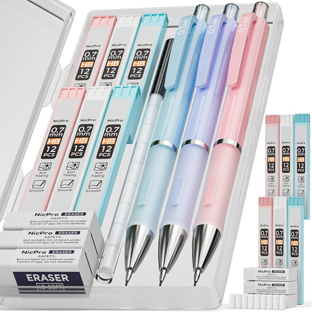 3PCS Mechanical Pencil Set – 0.7mm, Case, HB Lead & Eraser Refills
