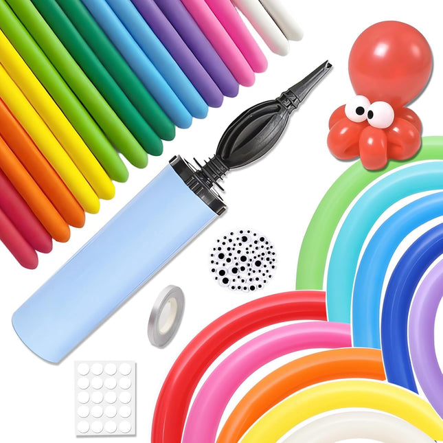 100pcs Long Balloons Kit with Pump – Rainbow Colors for Twisting & Party Fun