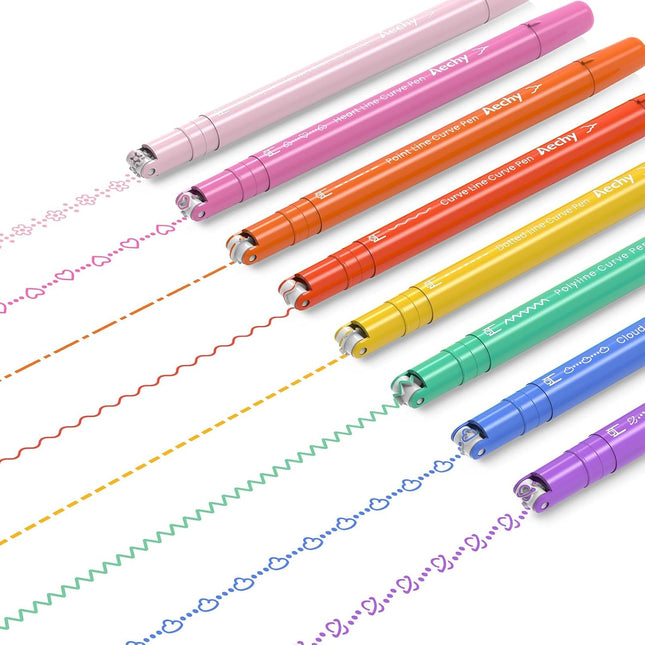 8 Pack Dual Tip Curve Highlighter Pens, 8 Colors Pattern Roller Markers for Journaling