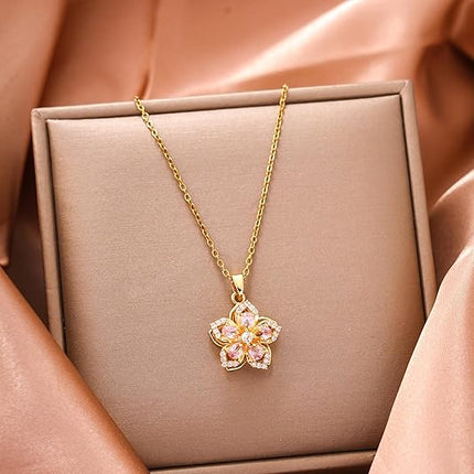 Gold Flower Fidget Necklace Women Rotating Crystal Blossom Pendant Choker