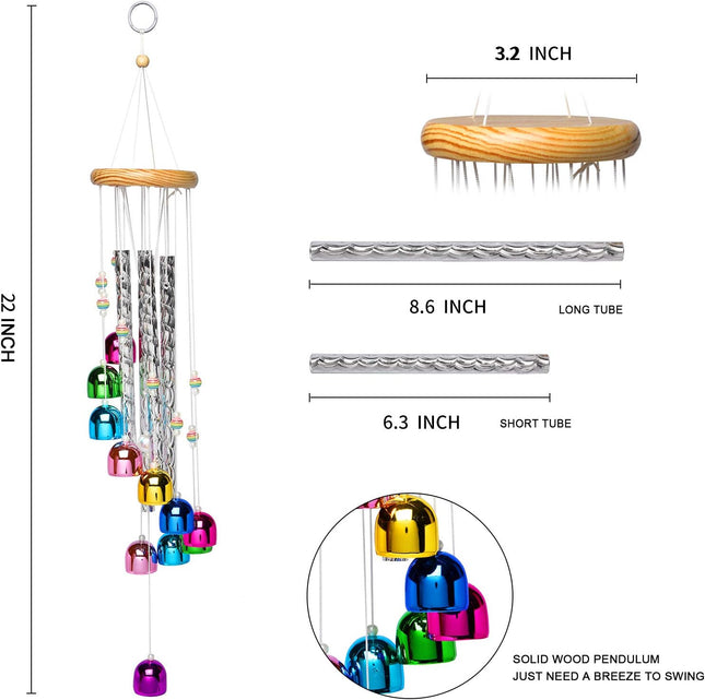 Colorful Outdoor Wind Chimes, 4 Aluminum Tubes, 11 Bells for Garden & Patio Decor