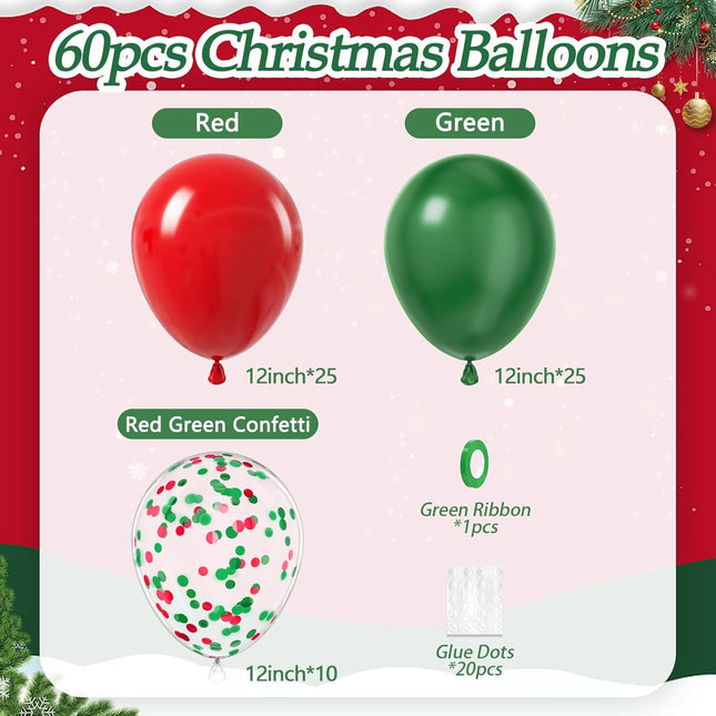 61pcs Green and Red Latex Balloons, 12-inch Confetti Balloons for Christmas & Birthday