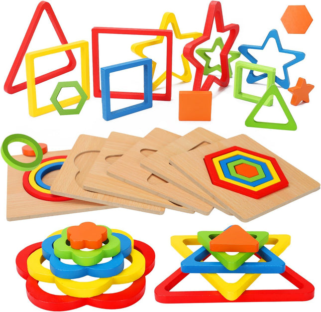 Montessori Wooden Shape Sorting Puzzle Toy for Toddlers 1-3 Years Old