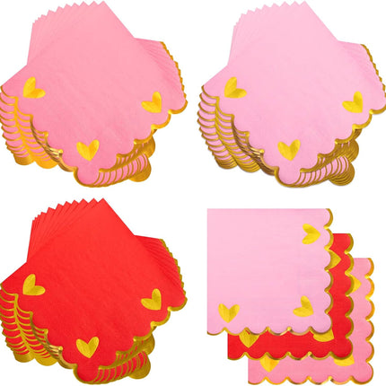 48 Pcs Valentine’s Day Cocktail Napkins: Scalloped Heart Paper Napkins with Gold Foil