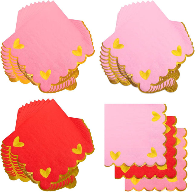 48 Pcs Valentine’s Day Cocktail Napkins: Scalloped Heart Paper Napkins with Gold Foil