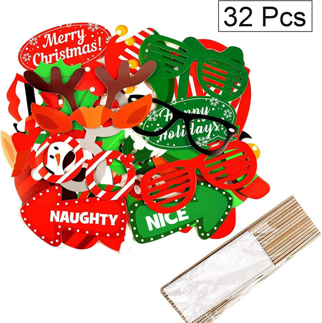 32PCS Christmas Photo Booth Props – DIY Selfie Props for Kids & Adults