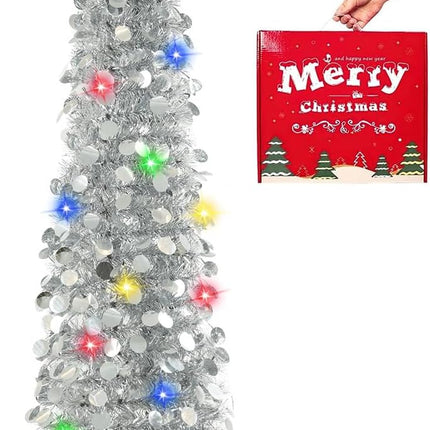 5FT Silver Christmas Pop-Up Tree LED Lights, Timer, Glitter Pencil Tree Decor