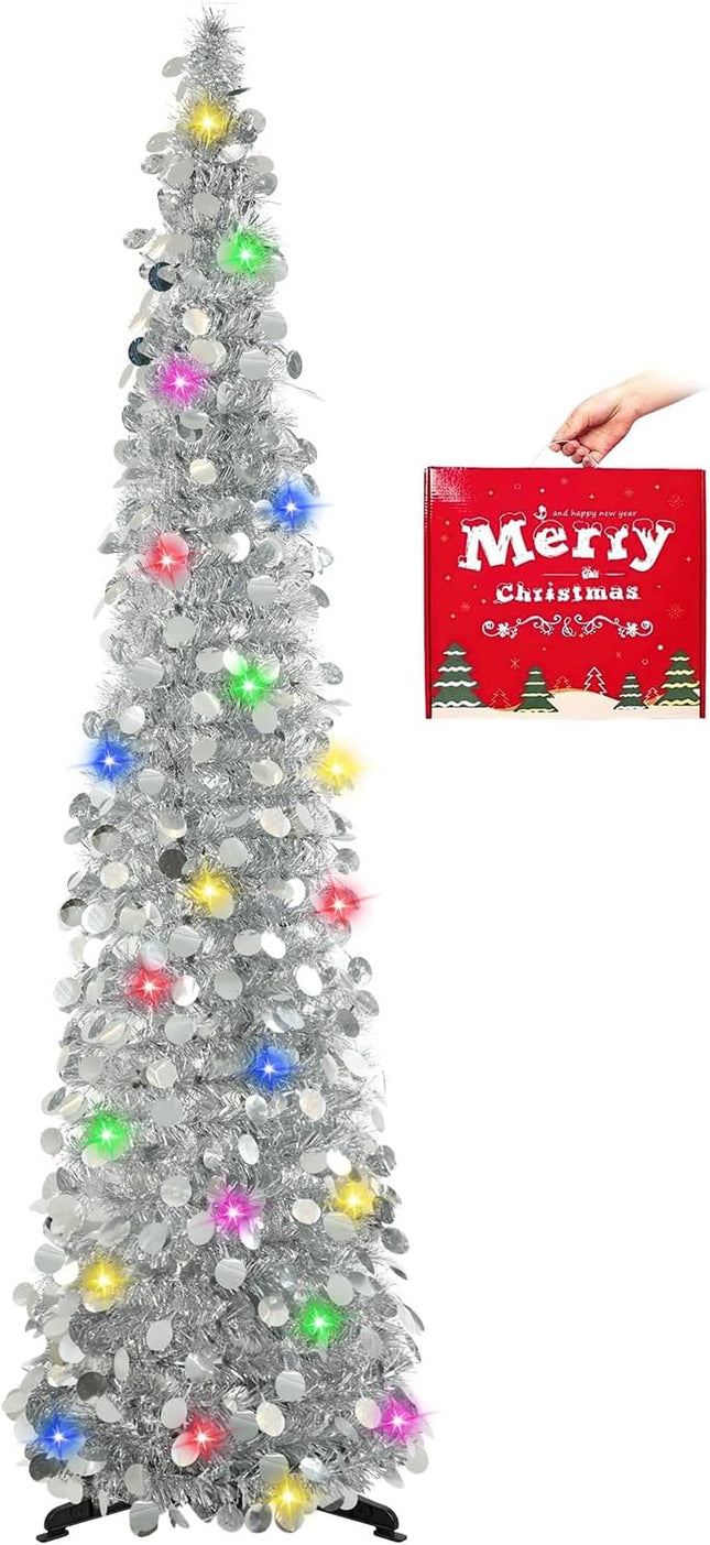 5FT Silver Christmas Pop-Up Tree LED Lights, Timer, Glitter Pencil Tree Decor