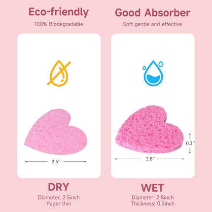 100-Pc Pink Heart Facial Sponges – Natural Cellulose, Gentle Cleansing & Exfoliating