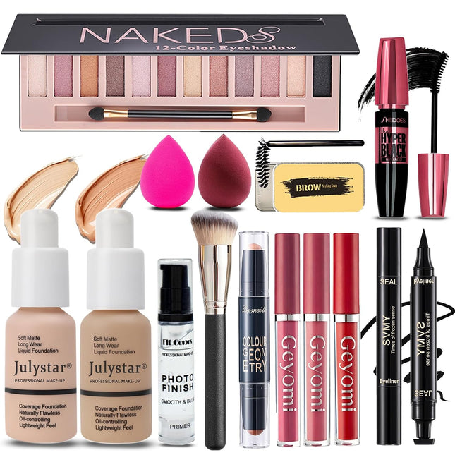 Complete Makeup Set for Women Teens Eyeshadow Lipstick Brush Sponge Kit
