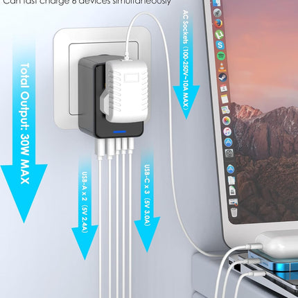 Universal Travel Adapter – 5 USB & AC Outlets, 30W, 200+ Countries