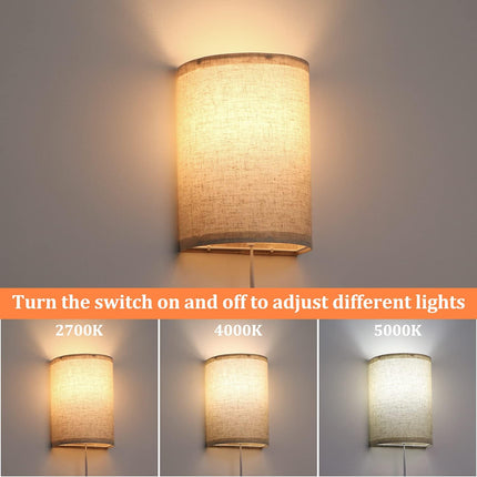 Set of 2 Plug In Wall Sconces 2700K 4000K 5000K Linen Fabric Shades On/Off