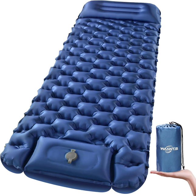 Ultralight Inflatable Camping Sleeping Pad Pillow, Built-In Foot Pump, Waterproof Blue Mat