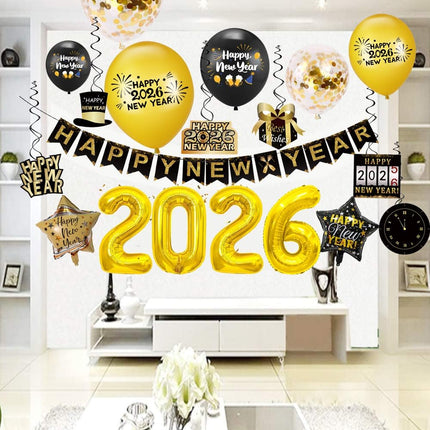 New Year 2026 Party Decorations Banner Glasses Balloons Hanging Swirls