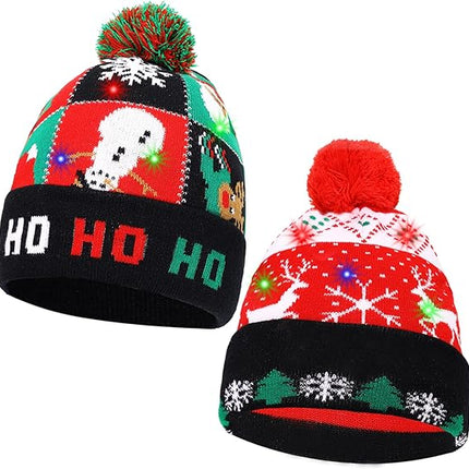 2-Pack LED Christmas Sweater Hats – Flashing Knitted Beanie with Snowman