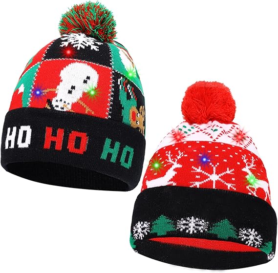 2-Pack LED Christmas Sweater Hats – Flashing Knitted Beanie with Snowman