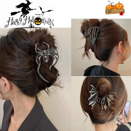 3PCS Halloween Gothic Hair Clips, Bat Wing, Spider & Skeleton Hand Claw Clips