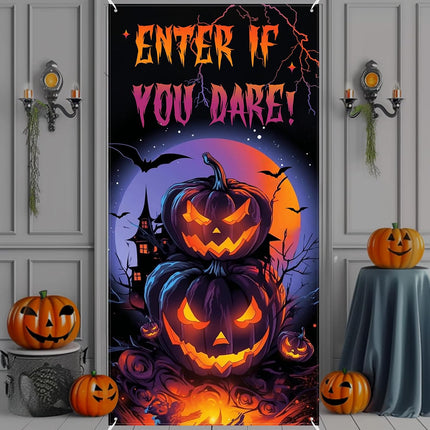 36x71in Halloween Pumpkin Door Cover Banner, Purple Scary Party Wall Window Decor
