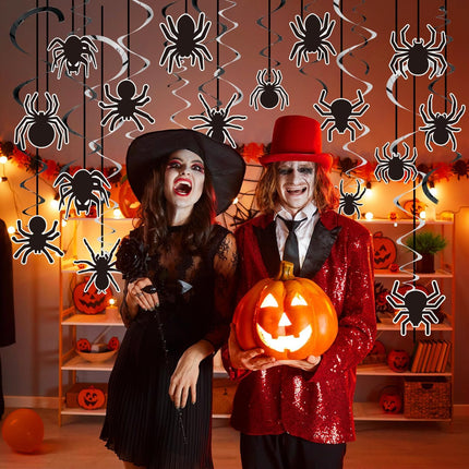 18-Piece Halloween Black Spider Web Decor, Hanging Swirls & Fireplace Party Banner