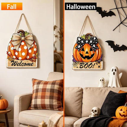 Reversible Fall Halloween Door Decor, Rustic Wooden Pumpkin Thanksgiving Hanging Sign