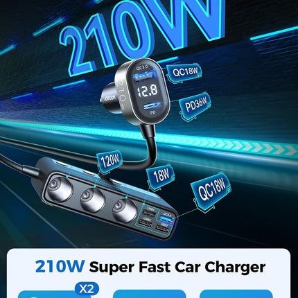9-in-1 Cigarette Lighter Splitter, 210W Car Charger, PD/QC 3.0, 12V/24V