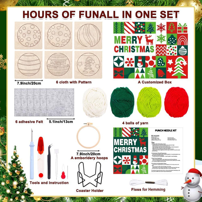 6 PCS Christmas Punch Needle Coasters Kit DIY Embroidery for Beginners