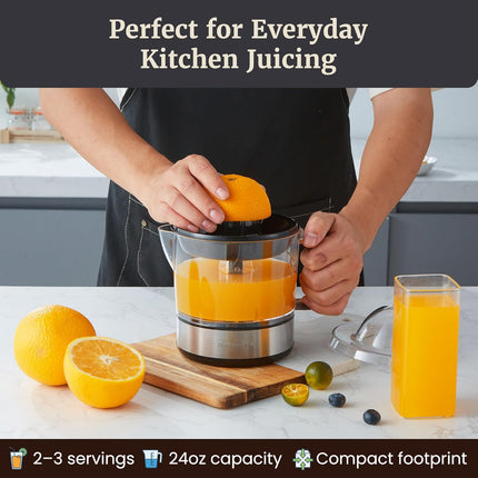 Compact 40W Citrus Juicer – BPA-Free, Pulp Control, Easy Pour, 24oz, Black/SS