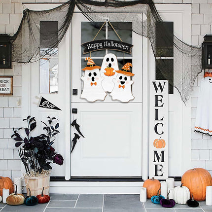 Halloween BOO Ghost Door Sign, Wooden Happy Halloween Pumpkin Hanger for Front Door