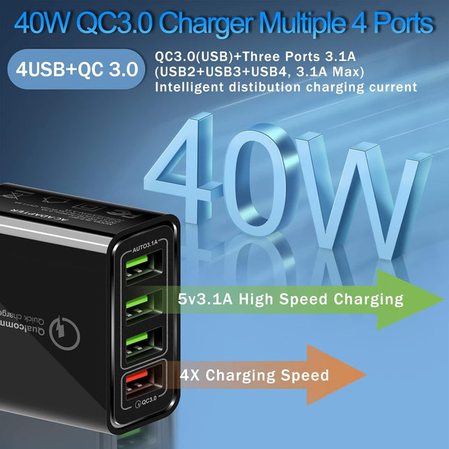 USB Wall Charger 40W 4-Port – LED Fast Charging Block for Phones & Devices
