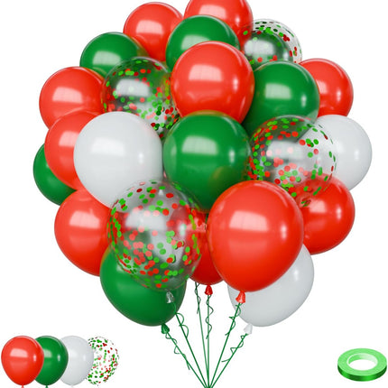 65PCS Christmas Balloons Set – 12" Red, Green & White Latex and Confetti Balloons