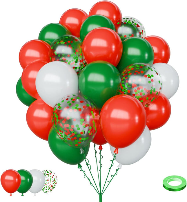 65PCS Christmas Balloons Set – 12" Red, Green & White Latex and Confetti Balloons