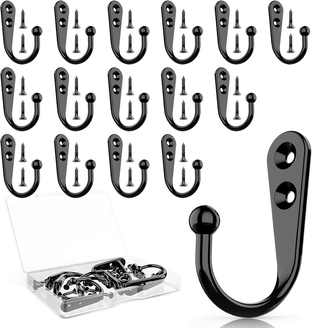 15-Piece Wall Hooks – Heavy Duty Black for Coats, Towels, Scarves, Keys