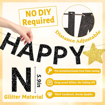 4 PCS Happy New Year 2026 Banner Black Gold Glitter Circle Star Garland