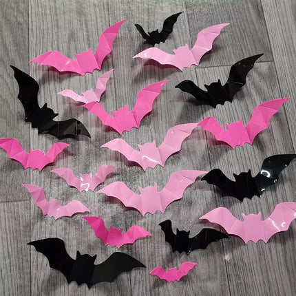 72-Piece Pink & Black 3D Bat Wall Decals, PVC Waterproof Removable Halloween Decor
