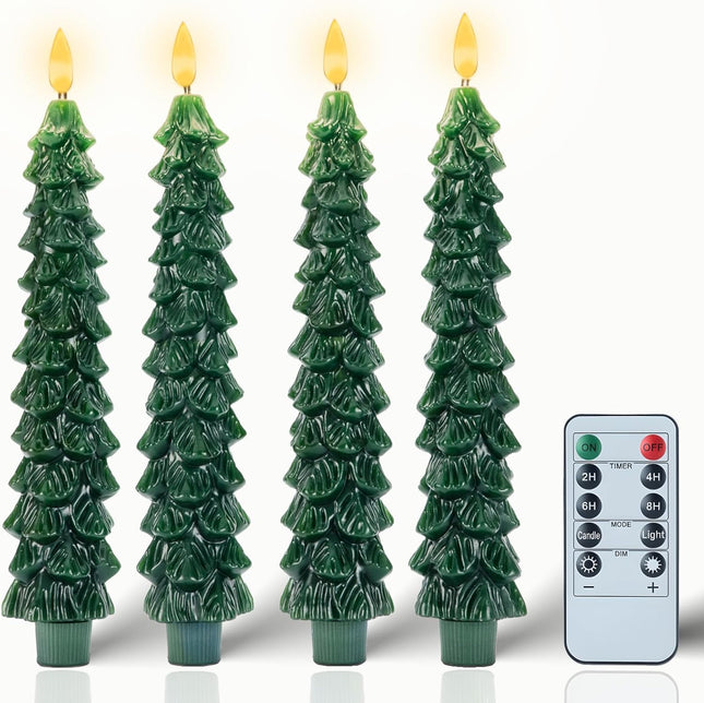 4 PCS Christmas Tree Flameless Candles LED Tapers with Remote & Timer, Green