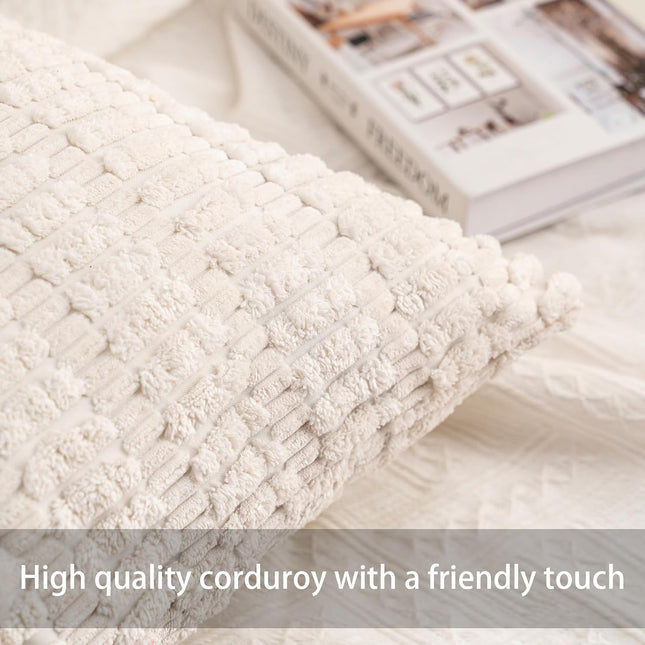 2-Pack Corduroy Throw Pillow Covers – 18x18”, Soft Striped, Cream White