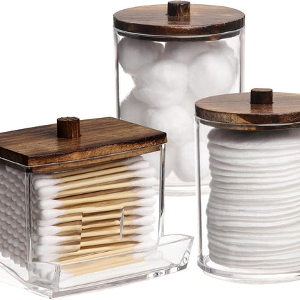 Qtips Holder Bathroom Jar – 10 OZ Cotton Ball & Swab Dispenser, Brown Lid